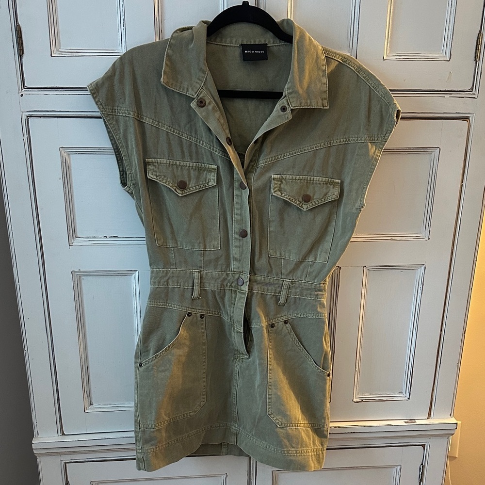 Miou Muse Olive Green Button-Up Romper - Picture 1 of 4